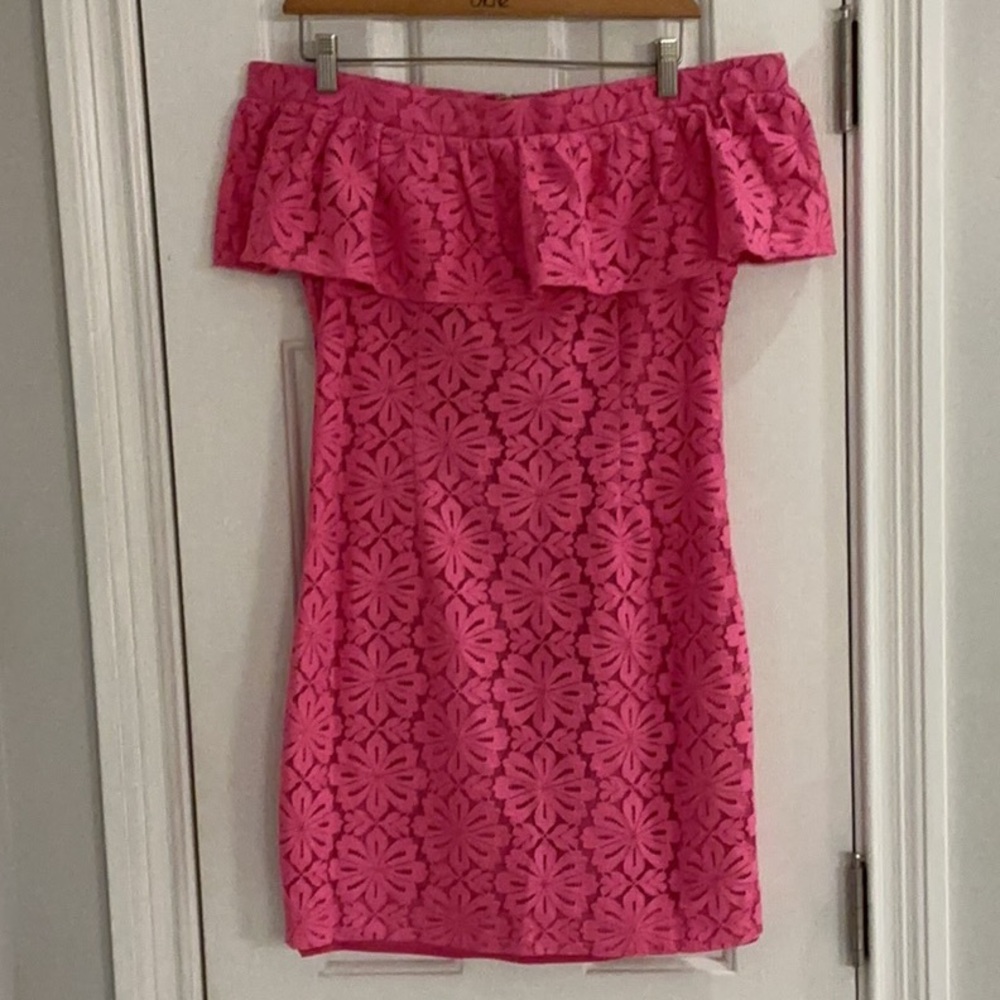 NWOT Trina Turk Hot Pink One-Shoulder Lace Dress